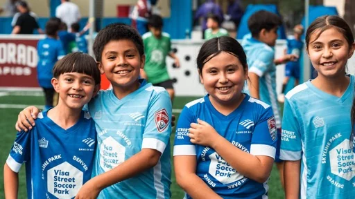 Five Street Soccer USA players smiling together at a community event